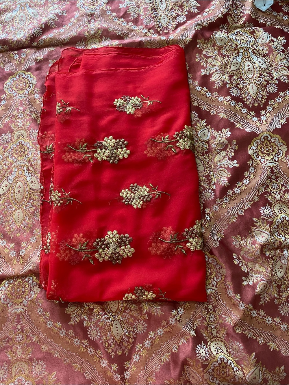 Red Floral Embroidered Sheer Scarf Wrap or dupata - Picture 7 of 8